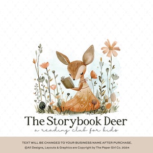 Logotipo de ciervo caprichoso, marca comercial prefabricada, lindo animal leyendo un diseño de libro, ilustración de naturaleza floral, logotipo de tienda boutique