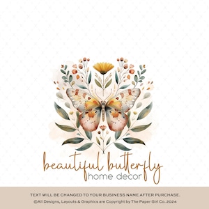 Logotipo de mariposa de acuarela, kit de marca botánica prefabricado, logotipo de empresa femenina, diseño de logotipo floral para pequeñas empresas