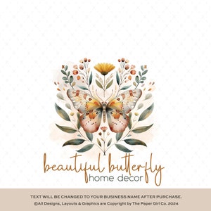 Logotipo de borboleta em aquarela, kit de marca botânica pré-fabricado, logotipo de empresa feminina, design de logotipo floral para pequenas empresas