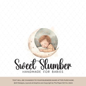Logotipo de guardería prefabricado, ilustración infantil de Dreamy Moon, marca en colores pastel suaves, diseño de Sleepy Baby on Moon