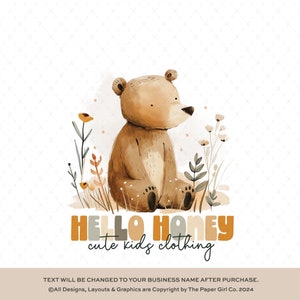 Watercolor Bear Logo, Premade Branding Kit, Cute Animal Illustration Logo, Business Logo Design, Floral Elements, Soft Neutral Tones