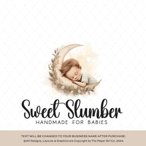 Logotipo prefabricado de Dreamy Moon Child, ilustración de bebé durmiendo en la luna, diseño de marca de guardería, logotipo de tonos neutros suaves