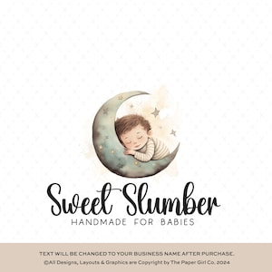 Ilustración infantil de Dreamy Moon, logotipo de guardería prefabricado, marca en colores pastel suaves, diseño de bebé soñoliento en la luna