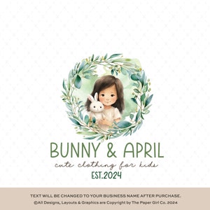 Whimsical Children's Illustration Logo, Rabbit and Girl Watercolor, Premade Branding for Boutique Business