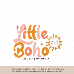 Logotipo de marca de ropa para niños Boho, diseño gráfico solar prefabricado, logotipo de ropa infantil moderna, identidad empresarial estilo Boho lindo