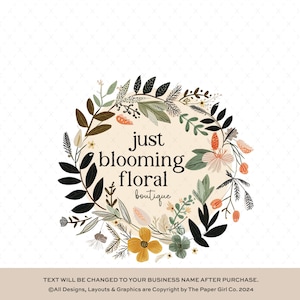 Floral Wreath Premade Logo Design, Botanical Circle Logo, Feminine Branding Kit, Custom Logo for Business, Elegant Flower Logo Template