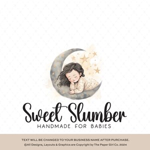 Ilustración de bebé durmiendo en la luna, diseño de logotipo prefabricado, logotipo de niño soñador, marca de guardería, logotipo creativo de noche estrellada
