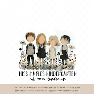 Logotipo prefabricado personalizable, ilustración infantil linda, marca de negocios floral, diseño de logotipo de jardín de infantes, logotipo de boutique de moda para niños