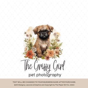 Simpatico logo preconfezionato per cucciolo di grifone di Bruxelles, marchio floreale per cani, design per animali domestici, elegante illustrazione di animali, logo boutique