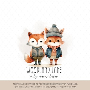 Logotipo de acuarela Fox, marca prefabricada de animales lindos, logotipo de pequeña empresa, logotipo de tienda boutique, diseño de identidad de marca para niños