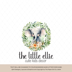 Logotipo de elefante de acuarela, diseño de logotipo de animal lindo prefabricado, marca de pequeña empresa, logotipo boutique, diseño de logotipo de tienda infantil