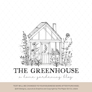Handgezeichnetes botanisches Gewächshaus-Logo, vorgefertigtes Garten-Logo-Design, Branding für kleine Unternehmen, rustikales Cottage-Logo-Design