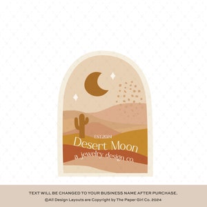 Logo Boho Desert Night Scene, marchio aziendale preconfezionato con luna e cactus, design del logo astratto minimalista, logo dalla linea moderna
