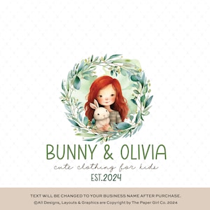 Watercolor Girl with Bunny Premade Logo, Cute Children's Branding, Whimsical Business Logo Design, Professional Animal Logo Design