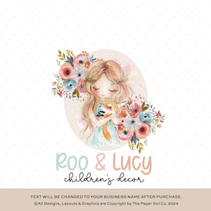 Wunderliche Mädchen und Fuchs Vorgefertigte Logo, Aquarell Illustration, Kinder Boutique Branding, Small Business Logo Design, Woodland Logo Design