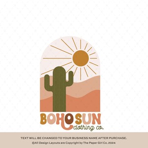 Logo minimalista del cactus, immagine preconfezionata del marchio Boho Desert, illustrazione astratta del sole dei cactus, design del logo per piccole imprese