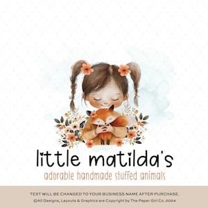 Niedliches Mädchen und Fuchs vorgefertigtes Logo, Aquarell Illustration für Boutique Branding, wunderliches Kinder Shop Logo Design, Tier Logo Design