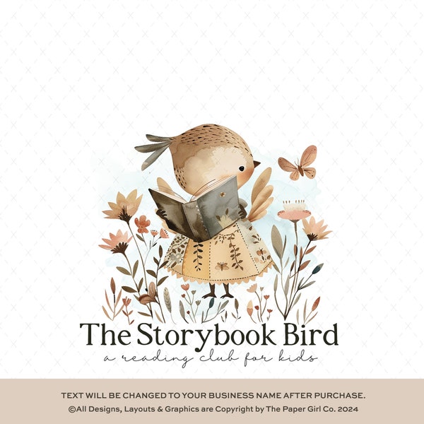 Whimsical Bird Reading Book Logo, Premade Business Branding, Hand-Drawn Bird Illustration, Feminine Floral Design, Unique Shop Identity