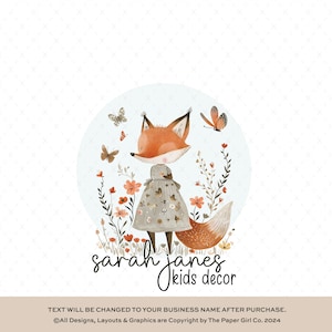 Logo preconfezionato con illustrazione capricciosa della volpe, grafica floreale della creatura del bosco, marchio di boutique per bambini di ispirazione vintage