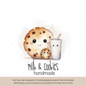 Logo mignon de dessin animé de biscuits et de verre de lait, marque Kawaii préfabriquée, conception de logo de boulangerie, image de marque pour enfants, logo de petite entreprise