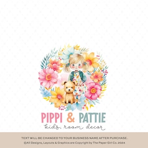 Logotipo floral de acuarela para niñas y perros, logotipo de boutique infantil prefabricado, identidad de marca de guardería, diseño de logotipos de negocios caprichosos
