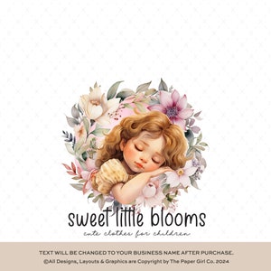 Logotipo infantil floral prefabricado, ilustración suave en acuarela, diseño de marca de niña soñadora, logotipo de boutique y tienda, gráfico personalizado