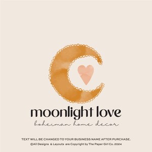 Watercolor Crescent Moon Logo, Premade Branding Kit for Business, Feminine Logo Design, Heart Symbol, Boutique Logo