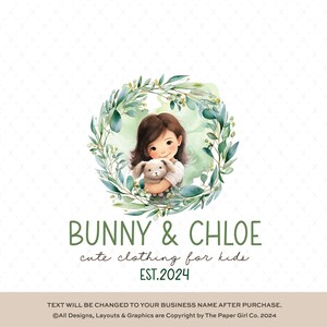 Watercolor Girl with Bunny Premade Logo, Cute Children's Branding, Whimsical Business Logo Design, Professional Mascot Graphic