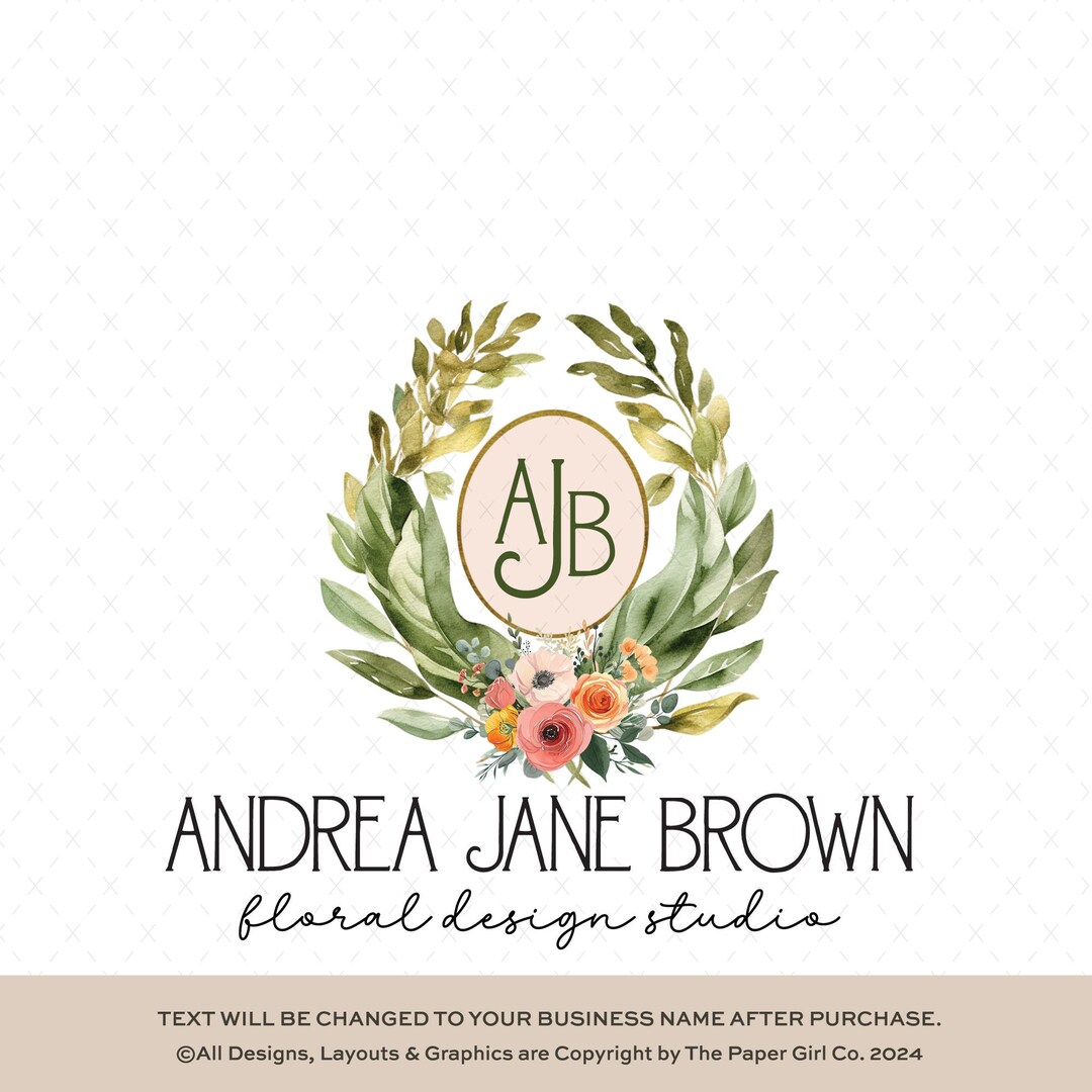 Elegant Monogram Premade Logo Design, Floral Wreath Business Branding ...