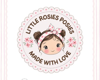 May include: A circular logo featuring a cartoon illustration of a child with brown hair in buns and a pink polka dot headband. The text reads LITTLE ROSIES POSIES and MADE WITH LOVE in brown. Pink flowers flank the face on a light background.