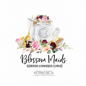 May include: A watercolour logo design for a cleaning service called "Blossom Maids". The logo features a white washing machine, a broom, a mop, and a floral arrangement with pink, white, and burgundy flowers.