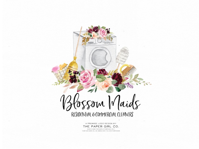 May include: A watercolour logo design for a cleaning service called "Blossom Maids". The logo features a white washing machine, a broom, a mop, and a floral arrangement with pink, white, and burgundy flowers.