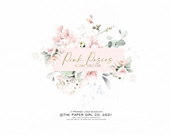 May include: A premade logo design for a home decor business called "Pink Posies". The logo features a watercolor illustration of pink roses and greenery with a pink rectangle containing the business name and tagline "Home Decor". The text "A premade logo design by: The Paper Girl Co. 2021" is also included.