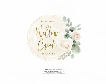 premade logo design, logo branding, round logo, circle logo, watercolor floral logo, rose logo, beauty logo, hair salon logo, florist logo