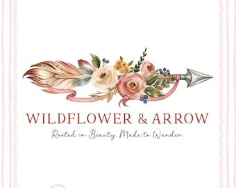 May include: A graphic design featuring a horizontal arrow adorned with watercolor flowers, leaves, and a pink ribbon. The text reads WILDFLOWER & ARROW, Rooted in Beauty. Made to Wander. Additional text includes copyright information and a small circular logo.