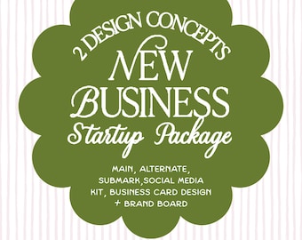Op de afbeelding: Een geschulpte olijfgroene grafische badge met witte tekst die 2 DESIGN CONCEPTS NEW BUSINESS Startup Package MAIN, ALTERNATE, SUBMARK, SOCIAL MEDIA KIT, BUSINESS CARD DESIGN + BRAND BOARD leest tegen een lichtroze gestreepte achtergrond.