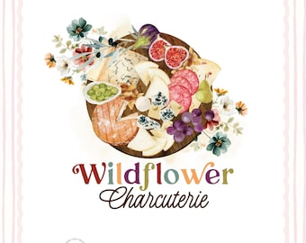May include: A watercolor illustration of a round wooden charcuterie board featuring assorted cheeses, sliced salami, green olives, grapes, a pear, and figs, surrounded by wildflowers. The text reads Wildflower Charcuterie.