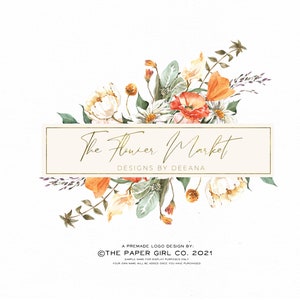 Floral Logo, Boho Logo Design, White flowers Logo, Premade Logo, Orange Flower Logo, Logo, Watercolor Logo, Peony Logo, Branding Kit