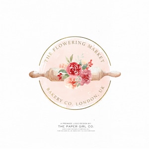 BAKERY LOGO DESIGN, Baking Logo, Rolling Pin Logo, Cake Logo, Flower Logo, Premade Logo, Watercolor Logo, Branding Kit
