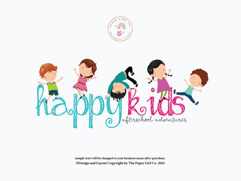 May include: A logo for an after-school program called "Happy Kids Afterschool Adventures". The logo features a colorful, hand-drawn style with five children playing on the word "happykids".