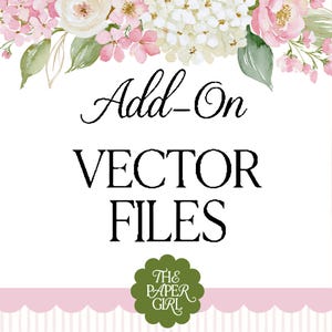 May include: A digital graphic featuring the text Add-On VECTOR FILES in black serif and sans-serif fonts. The top border displays watercolor pink and white flowers with green leaves. A green scalloped circle contains the text THE PAPER GIRL.