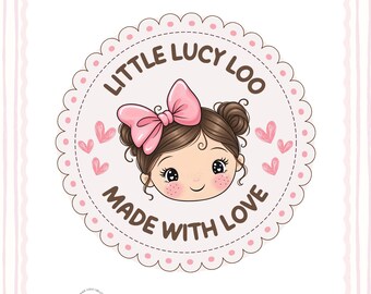 May include: A circular logo featuring a cartoon illustration of a child with brown hair in two buns and a large pink bow. The text LITTLE LUCY LOO and MADE WITH LOVE surrounds the illustration, accented by small pink hearts on a scalloped edge background.