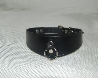 Leather Choker: Unlined Black Collar with O-Ring