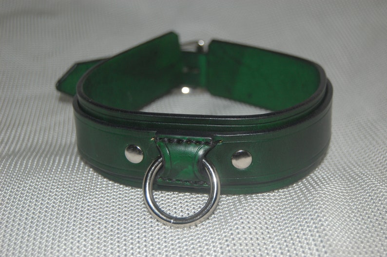 Pode incluir: Uma coleira de couro verde com um anel e rebites de metal prateado. A coleira &eacute; de cor verde floresta escura e tem formato arredondado. O anel de metal &eacute; preso na frente da coleira.