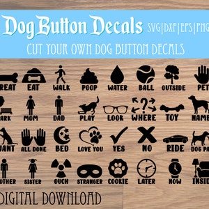 May include: A set of 30 black and white dog button decals featuring various dog-related words and images. The words include "treat", "eat", "walk", "poop", "water", "ball", "outside", "pet", "park", "mom", "dad", "play", "look", "where", "toy", "name", "want", "all done", "bed", "love you", "yes", "no", "ride", "dog park", "brother", "sister", "ouch", "stranger", "cookie", "later", "now", and "inside".