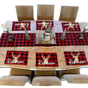 Personalized Reversible Plaid Placemats and Table Runner: Christmas Cabin Decor