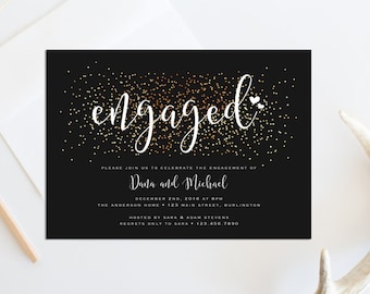 May include: Black engagement announcement card with gold confetti and the word "engaged" in elegant white script. The card includes details for Dana and Michael's engagement celebration, with a white envelope and pencil in the background.