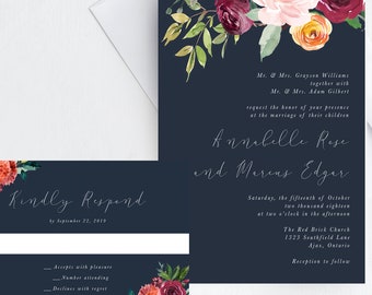 Fall Floral Wedding Invitation Suite, Rustic Kraft (Printable)