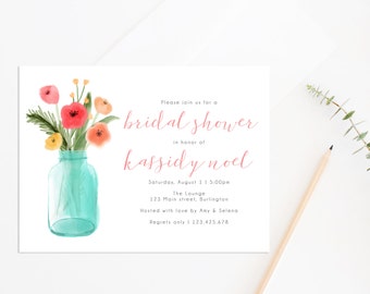 May include: A bridal shower invitation with watercolor flowers in a turquoise jar. The invitation text is in coral script, with details including the honoree's name, date, time, and location. A pencil and greenery are in the background.