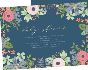 Simple Modern Floral Baby Shower Invitation, Floral Baby Shower, Blue Baby Shower, Navy Baby Shower Invite